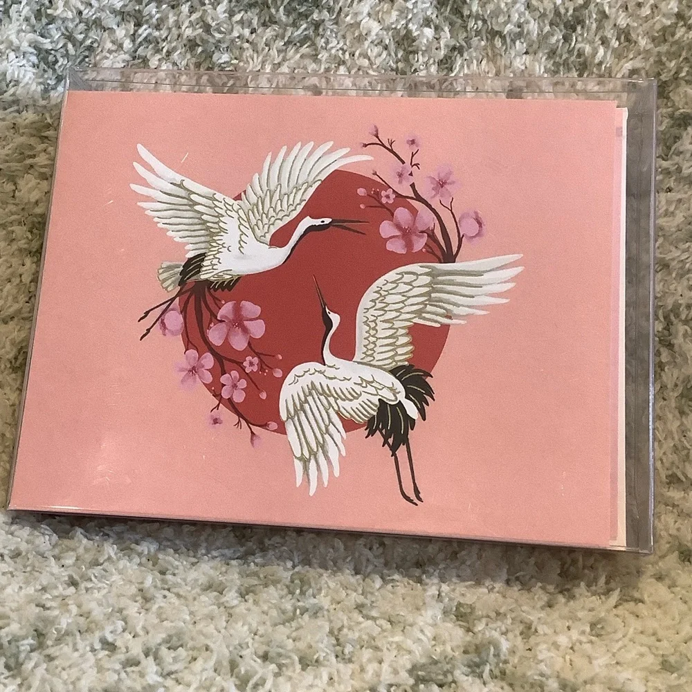 White Crane Red Moon Floral Boxed Note Cards Paper Source NWT set of 10